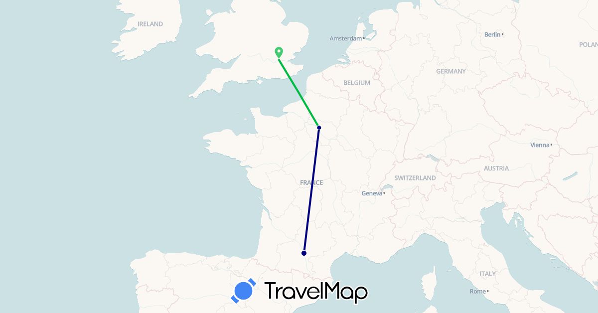 TravelMap itinerary: driving, bus in France, United Kingdom (Europe)
